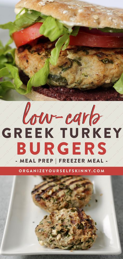 Low-Carb Meal Prep Greek Turkey Burgers | Easy Meal Prep - Are you looking for something different to add to the grill this summer? Spinach and feta cheese make for a delicious Greek Turkey Burger! This turkey burger recipe is full of flavor and still healthy all at the same time. Click for the full recipe! Burger Recipe | Summer Recipes | Organize Yourself Skinny | healthy lunch low calorie #healthy #turkeyburger #healthyburger #mealprep #cleaneating #mealpreplunch Recipes Using Turkey, Easy Summer Dinner, Greek Turkey, Greek Turkey Burgers, Burger Recipes Beef, Low Carb Low Fat Recipes, Turkey Burger Recipes, Low Carb Meal Prep, Freezer Meal Prep