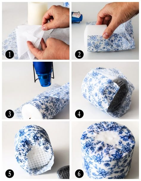 steps to decoupage a candle with heat Decoupage Candles Diy, Napkin Candle Decoupage, Decoupage Candles Paper Napkins, Decopage Candle, Napkin Candles, Decoupage Candle Holder, Tissue Paper Candles, Candle Decoupage, Candle Makeover