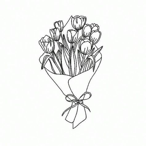 Bouquet Outline Drawing, Vase Of Tulips Drawing, Floral Outline Design, Tulip Bouquet Tattoo Design, Illustrated Flower Bouquet, Tulip Bouquet Drawing, Flower Bouquet Outline, Vase Of Flowers Tattoo, Tulip Bouquet Tattoo