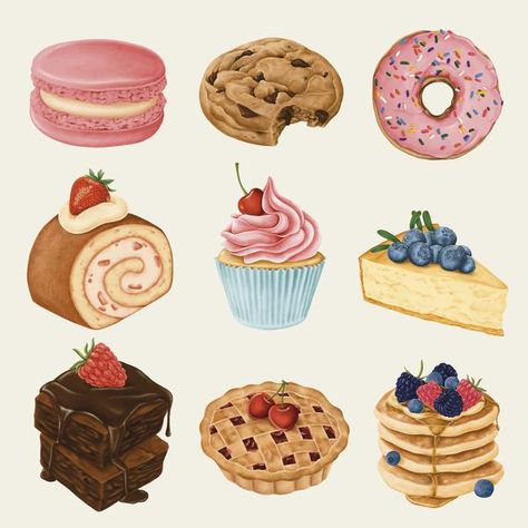 Donut Flavors, Buffet Dessert, Baked Sweets, Pastry Cook, Dessert Illustration, Cartoon Food, Homemade Recipes Dessert, Bakery Menu, Dessert Set