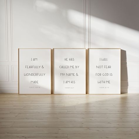 "Set of 3 Nursery Bible Verse Printable - Set of 3 Nursery Wall Art - Nursery Digital Download I am fearfully & wonderfully made / He has called me by my name & I am His / I will not fear for God is with me. What you will receive: Set of 3 Printables High Resolution JPG Files Variety of Sizes Instant Download Sizes: You can use one size to print on multiple different sizes. 1:1 Ratio 5\"x5\" / 6\"x6\" / 12\"x12\" 2:3 Ratio 4\"x6\" / 8\"x12\" / 11\"x17\" / 16\"x24\" / 20\"x30\" / 24x36\" 3:4 Ratio 6\"x8\" / 9\"x12\" / 12\"x16\" / 18\"x24\" / 30\"x40\" 4:5 Ratio 4x5\" / 8x10\" / 12x15\" / 16x20\" 5x7\" / A5 / A4 / A3 / A2 / A1 11\"x14\" If you require additional sizes, please contact me and I will be happy to help you! *THIS IS A DIGITAL DOWNLOAD NOT A PHYSICAL ITEM. NO ITEMS WILL BE SHIPPED Bible Verses For Babies, Bible Verse In Nursery, Bible Verse For Playroom, Bible Verse Above Crib, Room Decor Christian, Nursery Scripture Wall Art, Baby Bible Verses, Nursery Scripture, Christian Nursery Decor