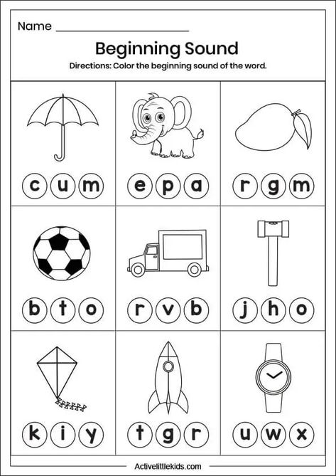 Phonics Worksheets For Kindergarten, Colours Name For Kids, Free Phonics Worksheets, Initial Sounds Worksheets, Easy Math Worksheets, Learning Centers Preschool, Color Worksheets For Preschool, Phonics Worksheets Free, Beginning Sounds Worksheets