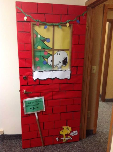 Snoopy Christmas door                                                                                                                                                                                 Más Christmas Classroom Door With Window, Charlie Brown Christmas Door Decorations For School, Snoopy Christmas Classroom Door, Charlie Brown Christmas Decorations Work, Peanuts Door Decoration Christmas, Preschool Door Decorations For Christmas, Christmas Classroom Door Funny, Snoopy Christmas Door Decorating Contest, Charlie Brown Christmas School Hallway