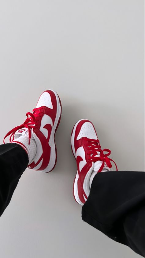 Nike Dunk Low Red White #nikedunk #sneakers #womenswear Red And White Nike Dunks, Nike Red Aesthetic, Red Low Dunks, Lisa Leslie Dunk Outfit, Dunks Red And White, Red White Jordans, Red Shoes Outfit Sneakers, Aesthetic Red Shoes, Women Nike Dunks