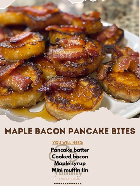 🥓🍁 Wake up to Maple Bacon Pancake Bites! Sweet maple and savory bacon in one delightful bite. #BreakfastBliss #PancakeBites Maple Bacon Pancake Bites Recipe Enjoy these tasty little bites that combine the classic flavors of pancakes and bacon with a maple twist, perfect for breakfast or brunch. Ingredients: Pancake batter: 400g (prepared from your favorite mix or recipe) Cooked bacon, chopped: 100g Maple syrup: 50ml for batter + extra for dipping Mini muffin tin Directions: Prep: Preheat... Pancake Bites Recipe, Maple Bacon Pancakes, Bacon Pancake, Savory Bacon, Pancake Bites, Pancakes And Bacon, Classic Breakfast, Mini Pancakes, Maple Bacon