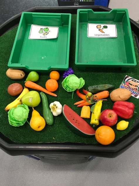 The tuff  tray is covered in a fake grass base.There are 2 sorting trays with a visual in each for fruit and vegetables.There are various different plastic fruit and vegetables around the bottom of the tray for the child to pick up and sort . Olivers Vegetables, Healthy Food Activities For Preschool, Healthy Food Activities, Vegetable Crafts, Sensory Input, Nutrition Activities, Eyfs Activities, Food Activities, Nursery Activities