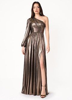 Hera Rose Quartz Disco Gown Atelier Dresses | Azazie 80s Dresses Formal, Metallic Bridesmaid Dresses, Atelier Dress, Plus Size Bridal Dresses, 80s Prom Dress, Lace Bride, Modest Dresses Casual, Metallic Knit, Bishop Sleeve