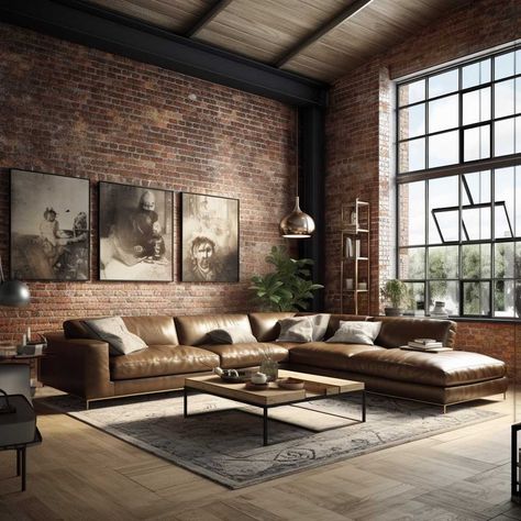 Mens Living Room Ideas, Mens Living Room, Brick Wall Living Room, Masculine Living Rooms, Industrial Style Living Room, Industrial Living Room, Industrial Livingroom, Industrial Living, Industrial Interior Design