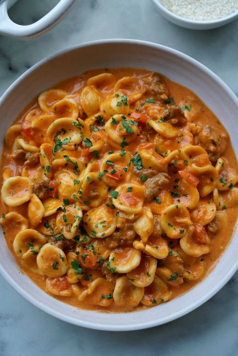 Sausage & Peppers Orecchiette Orrechiette Recipes Italian Sausages, Sausage Orrechiette, Sausage And Peppers Marinara, Sausage Orecchiette Pasta, Orrechetti And Sausage, Orcchettie Pasta Recipes, Spicy Sausage Orecchiette, Orecchiette Pasta Recipes, Sausage And Peppers Pasta