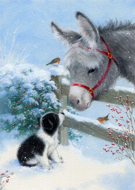 Cute Donkey Drawing Art, Donkey Drawing, Christmas Donkey, Christmas Envelopes, Winter Illustration, Wall Art Crafts, Winter Wonderland Christmas, Winter Painting, Canvas Picture