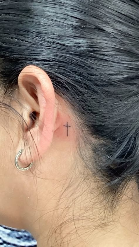 #outlinetattoo #crosstattoodesigns Cross Tat Behind Ear, Behind The Ear Tattoo Ideas Christian, Behind The Ear Tattoo Ideas Cross, Small Cross Tattoo Behind Ear, Cross Behind The Ear Tattoo, Cross Tattoos For Women Behind The Ear, Cross Ear Tattoo, Cross Tattoos Behind Ear, Behind The Ear Cross Tattoo