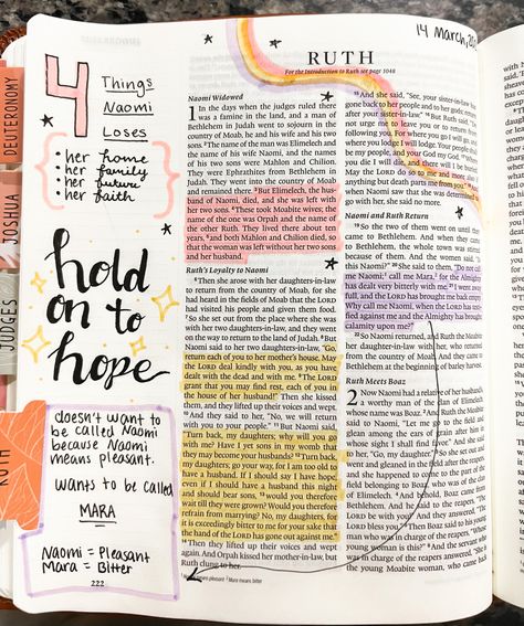 Ruth Bible Study Notes, Book Of Ruth Bible Journaling, Ruth Bible Journaling, Journaling Aesthetics, Naomi Bible, Ruth Bible Study, Bible Annotations, Bible Verse Notebook, Ruth Bible