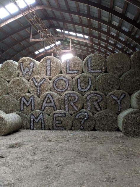 Proposal in a barn.  Hay bale painting. BTW she said yes! Barn Proposal Ideas, Hay Bale Seating Wedding Ceremony, Hay Bale Seats, Hay Bale Pyramid, Wedding Ceremony Hay Bales, Hay Bale Wedding Photos, Hay Bale Painting, Hay Bale Art, Hay Barn