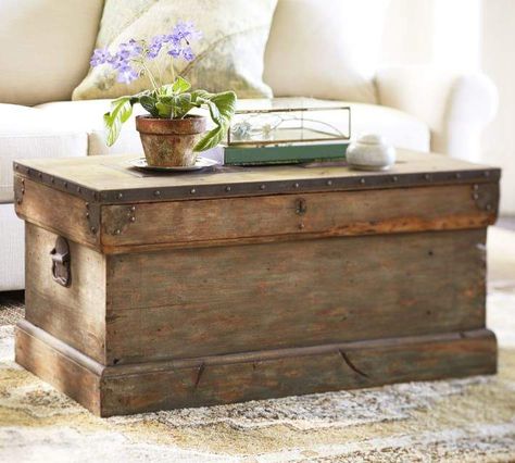 Rebecca Trunk- I love this idea to store blankets! #affiliate Wood Trunk, Coffee Table Trunk, Pottery Barn Inspired, Diy Coffee Table, Diy Pottery, Plywood Furniture, Into The Woods, Cool Ideas, Furniture Upholstery