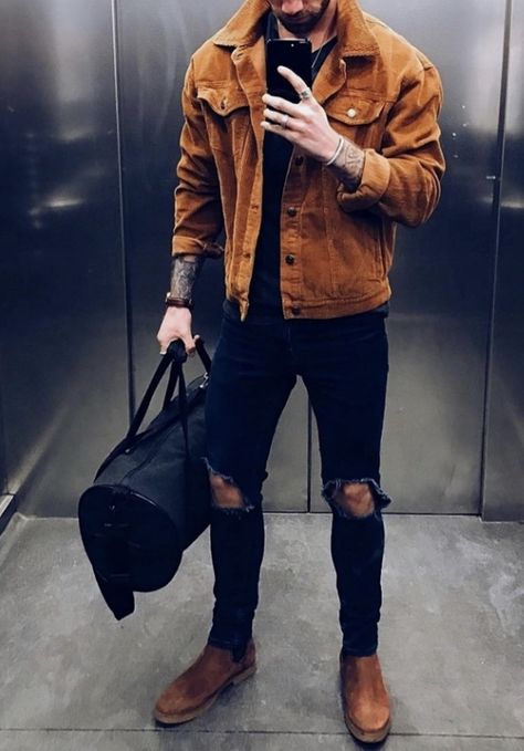 Black Shirt Brown Jacket Outfit, Brown Jean Jacket Outfit Men, Men Brown Boots Outfit, Brown Denim Jacket Outfit Men, Khaki Jacket Outfit Mens, Brown Corduroy Jacket Outfit Men, Brown Denim Jacket Outfit, Simple Guy Outfits, Brown Corduroy Jacket Outfit