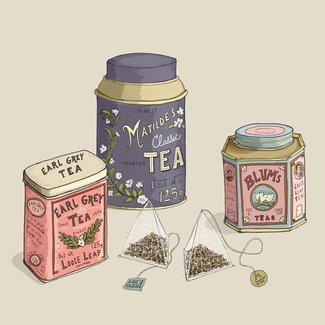 Vintage inspired tea tins (part of pattern on many products in "Tea themed" section of my Etsy shop) Illustration Product Design, Tea Product Design, Tea Bag Art Ideas, Tea Shop Illustration, Tea House Aesthetic, Tea Shop Design, Products Illustration, Tea Drawing, Tea Pattern