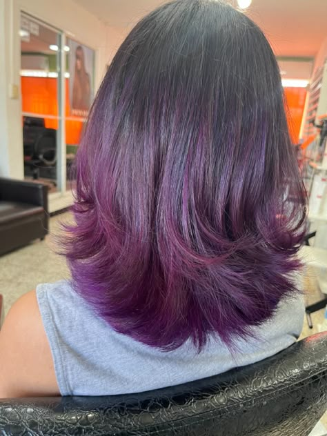 Dark Purple Hair Color Short, Purple Hair Indian Skin, Short Hair Purple Highlights, Purple Layered Hair, Dark Purple Short Hair, Purple Ends Hair, Purple Wolf Cut, Ultra Violet Hair, Grape Hair