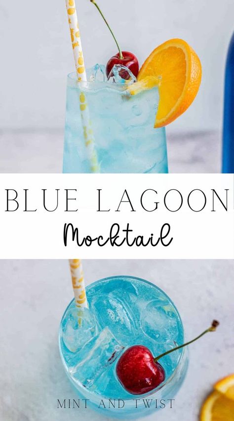 Blue Mocktail Recipe, Blue Mocktail, Blue Lagoon Mocktail, Summer Mocktail, Blueberry Simple Syrup, Blue Lagoon Cocktail, Summer Mocktails, Easy Mocktails, Blue Curacao Liqueur