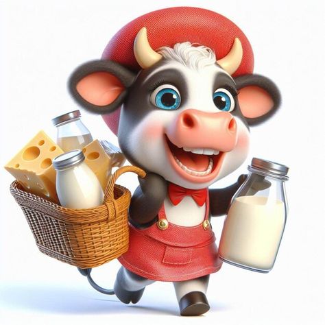 Photo a cow with a basket of cheese and ... | Premium Photo #Freepik #photo Cow Food Art, Milk Cow Aesthetic, Chefs Uniform, Milk Cow Illustration, Livestock Pictures, Cow Drinking Coffee, Funny Cows, Bottle Of Milk, Cow's Milk