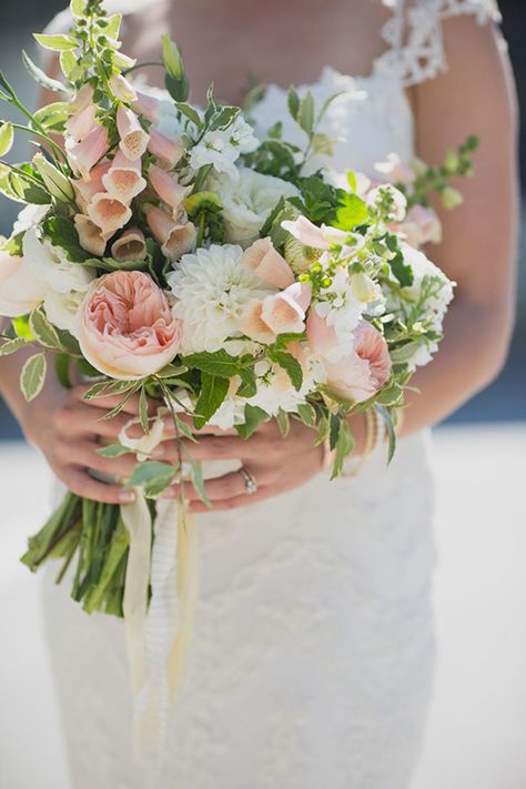 GORGEOUS Wedding Bouquet Showcasing: Peach Foxgloves, Peach "Juliet" David Austin English Garden Roses, White English Garden Roses, White Dahlias, White Lisianthus, White Stock + A Lovely Variety Of Greenery & Foliage Diy Wedding Flowers Bouquet, Peach Wedding Bouquet, Bouquet Pastel, Church Wedding Flowers, Modern Wedding Flowers, Tropical Wedding Flowers, Blush Bouquet, Unique Wedding Flowers, Pink Garden