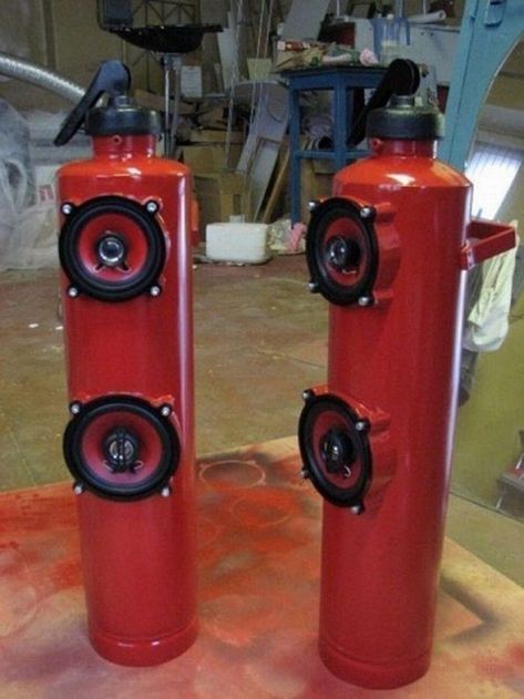 Fire Department Decor, Modern Water Feature, Barrel Projects, Firefighter Decor, Welding Art Projects, Metal Working Projects, Steampunk Lamp, Gas Cans, Fire Extinguishers