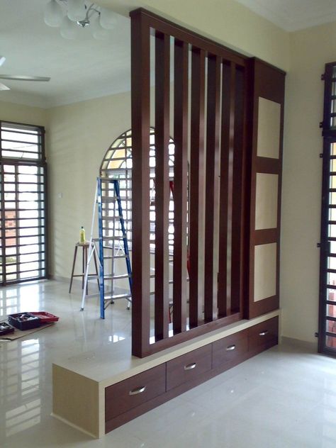 Top 45 Modern Partition Wall Ideas - Engineering Discoveries Modern Room Partitions, Modern Partition, Modern Partition Walls, Pallet Tv, Room Partition Wall, Wall Partition Design, Wooden Partitions, Living Room Divider, Divider Design