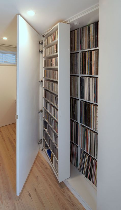 Music Storage, Hidden Shelf, Cd Storage, Dvd Storage, Storage Place, Home Library Design, Vinyl Record Storage, Vinyl Storage, Record Storage