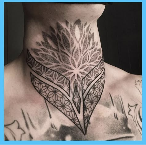 Mandala Back Neck Tattoo Men, Neck Tattoo For Guys Geometric, Neck Tattoo Designs Men Drawings, Neck Dotwork Tattoo, Front Throat Tattoo, Front Of Neck Tattoo Men, Mandala Throat Tattoo Men, Dot Work Neck Tattoo, Symmetrical Neck Tattoo