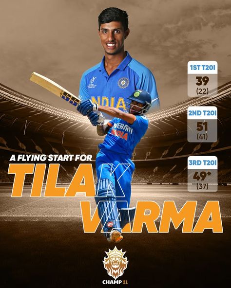 1st T20I: 39 (22) ✨ 2nd T20I: 51 (41) ✨ 3rd T20I: 49* (37) ✨ Consistency, power, and a touch of brilliance – Tilak Varma is on fire in T20Is! 🔥🏆 Follow us for more electrifying performances! 🎉📈 #Champ11 #T20I #CricketStart #TilakVarma #T20Cricket #ElectrifyingMoments #CricketPassion #T20Domination #CricketFever #SportsExcellence All The Best Indian Cricket Team, Indian Cricket Team 2022, T20 Cricket, Live Cricket Match Today, Cricket (sports), Latest Cricket News, Sports