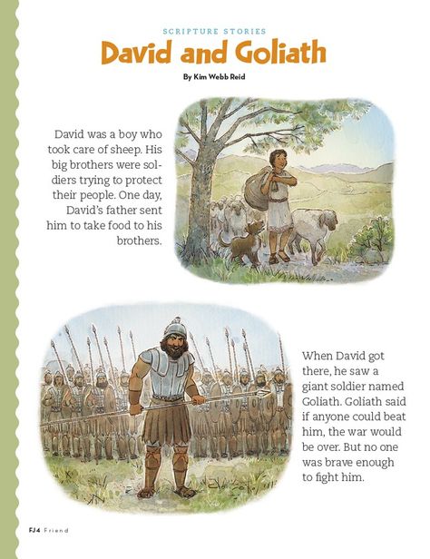 David and Goliath David And Goliath Craft, David And Goliath Story, Primary Talks, Friend Magazine, Story Of David, David Goliath, Preschool Bible Lessons, Out Of Service, Scripture Writing Plans