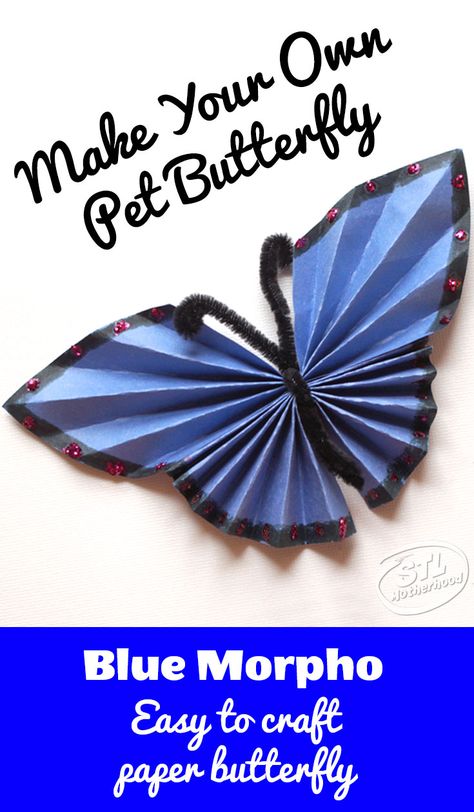 We love making these beautiful Blue Morpho butterfly from paper and fuzzy sticks. #kidcrafts #diy #butterfly Blue Morpho Butterfly Craft Preschool, Blue Morpho Butterfly Craft, Geography Room, Butterfly From Paper, Origami Butterfly Instructions, Rainforest Classroom, Rainforest Butterfly, Rainforest Project, Butterfly Woman