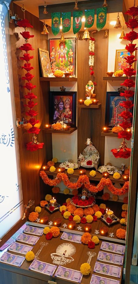 Diwali Temple Decorations At Home, Happy Laxmi Pooja, Diwali Laxmi Pooja Decoration, Diwali Mandir Decoration, Laxmi Pooja Decoration At Home, Laxmi Puja Decoration At Home, Mandir Snap, Diwali Decorations At Home Mandir, Pooja Setup