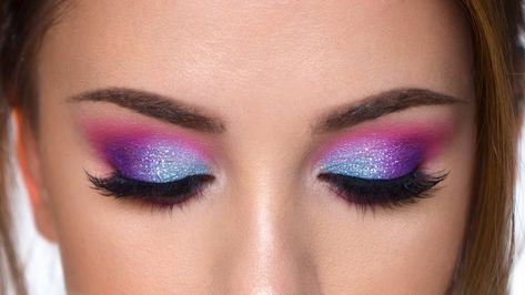 Eye Makeup Tutorial Purple, Glitter Smokey Eye Makeup, Glitter Eyeshadow Tutorial, Colorful Makeup Tutorial, Purple Smokey Eye Makeup, Purple Eye Makeup Tutorial, Smokey Eyes Tutorial, Rosa Make-up, Glitter Makeup Tutorial