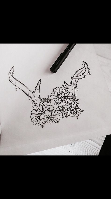 Tattoo flash #antlers Antler Flower Tattoo, Antler And Flower Tattoo, Antlers Flowers Tattoo, Deer Antler Flower Tattoo, Antlers With Flowers Drawing, Antler Tattoo, Tattoo Illustration, Tattoo Flash Art, Flash Art