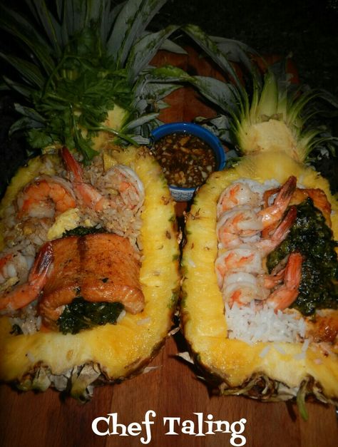 Pineapple Teriyaki Stuffed Salmon & Shrimp Bowls with Pineapple Fried Rice and White Rice! Pineapple Meals, Stuffed Pineapple Bowls, Recipes With Pineapple, Pineapple Bowl Recipe, Stuffed Pineapple, Pineapple Bowls, Pineapple Boats, Shrimp Bowls, Pineapple Teriyaki