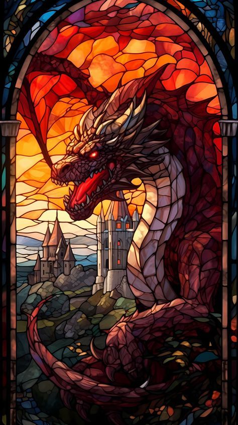 Fantasy Stained Glass Art, Stained Glass Fire, Stainglass Window Art, Dragon Stained Glass Pattern, Stained Glass Dragon, Disney Stained Glass, Dragon Glass, Stain Glass Window Art, Fantasy Wall Art