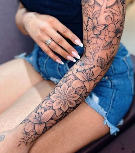 Whole Arm Sleeve Tattoos For Women, Christen Whitman Tattoos, Mandela Tattoo Sleeve, Floral Arm Sleeve, Mandala Tattoo Sleeve Women, Lace Sleeve Tattoos, Half Sleeve Tattoos Forearm, Tattoo Artist Tattoo, Mandala Tattoo Sleeve