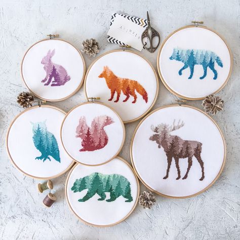 7 Cross Stitch PDF Patterns Bundle Fox Wolf Bear Moose - Etsy Denmark Owl Silhouette, Forest Silhouette, Animal Cross Stitch Patterns, Beautiful Cross Stitch, Cross Stitch Animals, Simple Cross Stitch, Stitch Embroidery, Pdf Patterns, Modern Cross Stitch