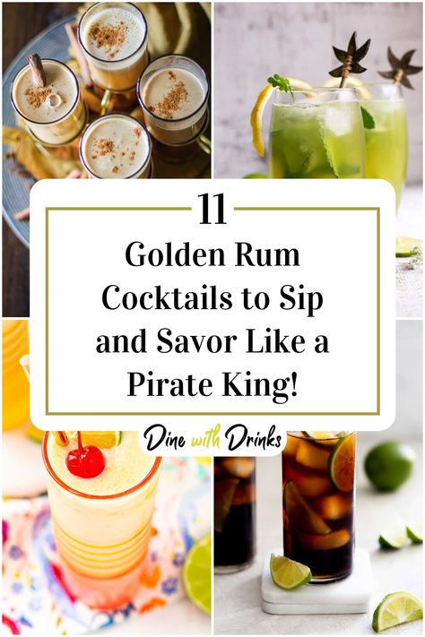 Collage of 4 golden rum cocktails. Gold Rum Cocktails, Rum Mixed Drinks, Rum Drinks Recipes, Gold Rum, Rum Cocktail Recipes, Pirate King, Rum Cocktails, Rum Drinks, Rum Cocktail