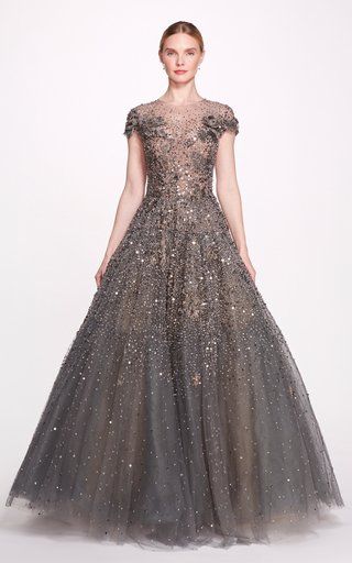 Metallic Threadwork And Crystal-Embroidered Illusion Tulle Ballgown By Marchesa | Moda Operandi Marchesa Resort 2023, Marchesa 2023, 2023 Gowns, Prefall 2023, Marchesa Couture, Plus Size Party Dress, Marchesa Fashion, Alt Wedding, Princess Gowns