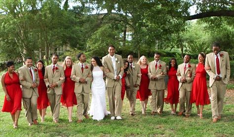 Very similar to my wedding colors! Love the beige suits with the poppy red!! It's going to look amazing! Beige And Red Wedding Theme, Tan And Red Wedding, Red And Tan Wedding Theme, Red And Beige Wedding, Beige Wedding Theme, Khaki Wedding, Beige Bridesmaids, Wedding Vow Renewal Ceremony, Burgundy Bridesmaid Dresses Long