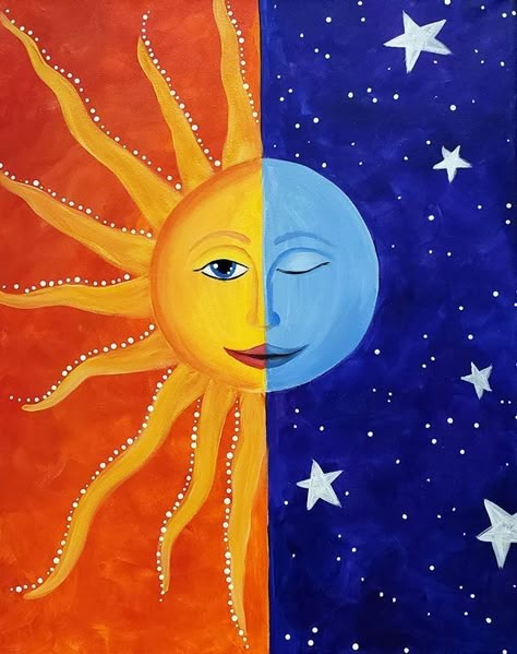 Sun Moon Painting Easy, Easy Sun And Moon Painting, Sun And Moon Painting Canvases Easy, Sun And Moon Drawing Paintings, Sun And Moon Painting Easy, Really Easy Paintings, Moon And Sun Drawing, Moon Painting Easy, Acrylic Paint Art Ideas