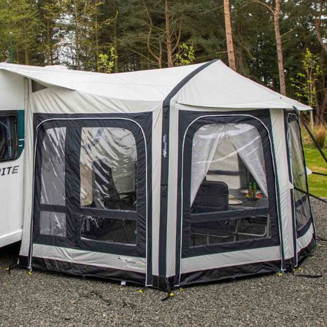 Caravan awning reviews. We look at the best caravan awnings on the market including inflatable awnings and other designs Caravan Outdoor Setup, Caravan Awning Ideas, Caravan Awning Set Up, Campers Living, Rv Tent Attachment, Race Trailer, Aliner Campers, Tent Hacks, Onsite Caravan Renovation