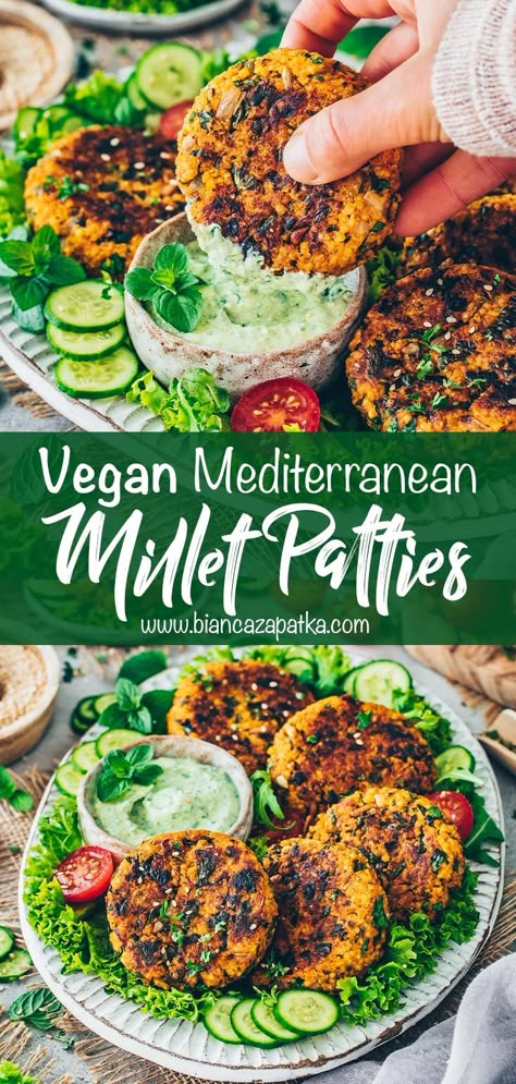 Millet Veggie Burger, Millet Burgers Vegan, Millet Recipes Dinner, Vegan Millet Recipes, Millet Patties, Vegetables Fritters, Millet Cake, Millet Salad, Herb Dip