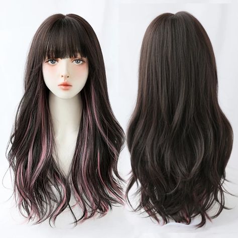 Yiyaobess Colorful Rose Red Brown Ombre Wig With Bangs Blond Highlight Synthetic Long Wavy Hair Wigs For Women Pelucas Naturales _ - AliExpress Mobile Hair Highlights With Bangs, Rosé With Bangs, Rose Bangs, Hair Color Bangs, Rose Long Hair, Highlight Bangs, Red Brown Ombre, Wavy Hair Color, Bangs And Highlights