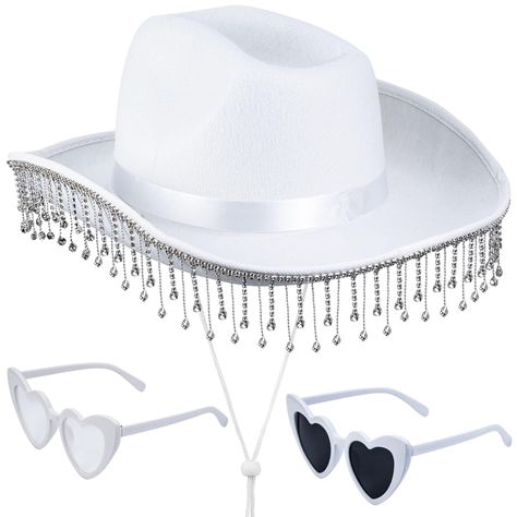 PRICES MAY VARY. White Cowboy Hat with Heart Sunglasses : The white cowboy hat is made of long rhinestones and felt, making it perfect for dressing up, themed parties, birthday parties, party decorations, and studio props. Special Crystal Denim Hat Design: The Cowgirl hat is decorated with rhinestone tassels and paired with two sunglasses, which will definitely add charm to your denim outfit. Size of Rhinestone Cowboy Hat: The cowboy hat for women measures 15 inches x 11 inches x 4.1 inches, wit Cowboy Hats For Men, Rhinestone Cowboy Hat, Felt Making, White Cowboy Hat, Rhinestone Cowboy, Rhinestone Cowgirl, Black Cowboy Hat, Black Desktop, Cowboy Theme