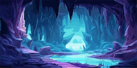 Cave dark tunnel with stalactites game p... | Premium Vector #Freepik #vector #water #nature #purple #background Mystical Cave Art, Glowing Cave Art, Magical Cave Illustration, Fantasy Background Illustration, Fantasy Vector Art, Cave Illustration Fantasy Art, Guache Ideas, Cave Concept Art, Arcade Background