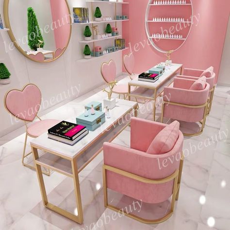 beauty nail furniture,nail set/nail table and chair Private Nail Salon, Pink Nail Salon Ideas, Nail Office Ideas, Nails Table Ideas Salons, Nails Salon Decoration, Makeup Studio Decor Interior Design, Nail Salon Aesthetic, Desain Salon Kuku, Pink Beauty Room