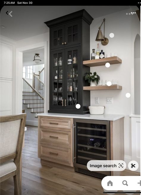 Pass Through Wet Bar, Black And White Wet Bar, Dry Bar Under Window, Small House Bar Ideas, Ikea Dry Bar Ideas, Dry Bar With Pantry Cabinet, Dry Bar Ideas Small Nook, Built In Bar With Wine Fridge, Dry Bar With Microwave