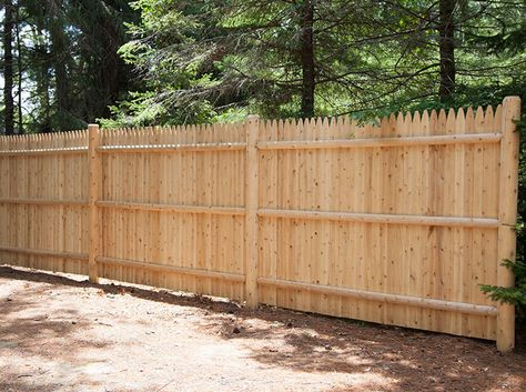 Stockade Fence, Log Fence, Gate Design Ideas, Wood Fence Gates, Fence And Gate, Garden Gates And Fencing, Northern White Cedar, Wood Privacy Fence, Pvc Fence